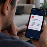 Pessoa olhando o celular com a mensagem de conta encerrada pelo banco