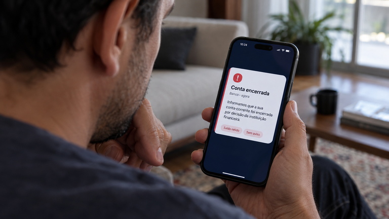 Pessoa olhando o celular com a mensagem de conta encerrada pelo banco